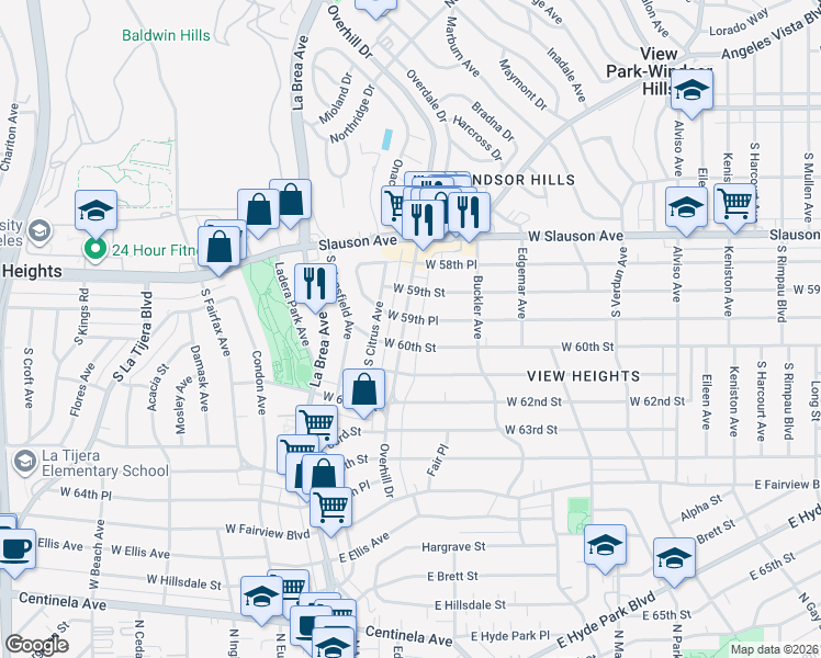map of restaurants, bars, coffee shops, grocery stores, and more near 5958 Overhill Drive in View Park-Windsor Hills