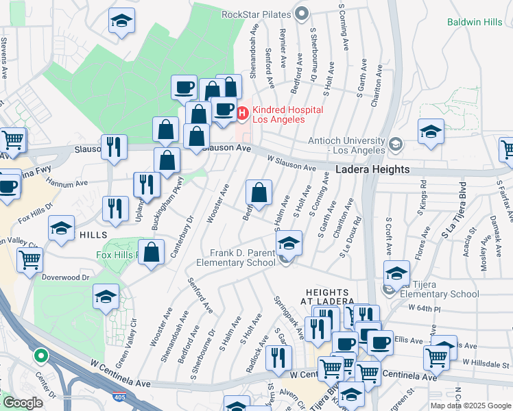 map of restaurants, bars, coffee shops, grocery stores, and more near 6024 South Sherbourne Drive in Los Angeles
