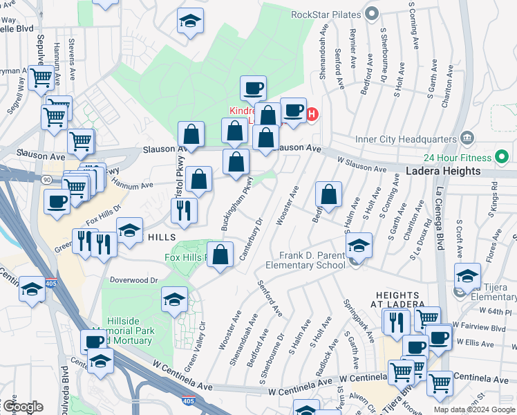 map of restaurants, bars, coffee shops, grocery stores, and more near 5951 Canterbury Drive in Culver City