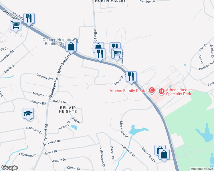 map of restaurants, bars, coffee shops, grocery stores, and more near 157 Putters Drive in Athens