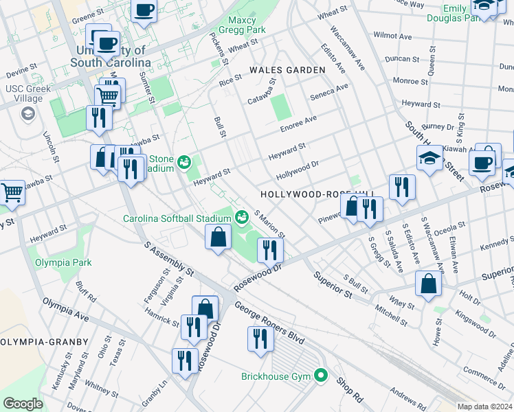 map of restaurants, bars, coffee shops, grocery stores, and more near 166 South Marion Street in Columbia