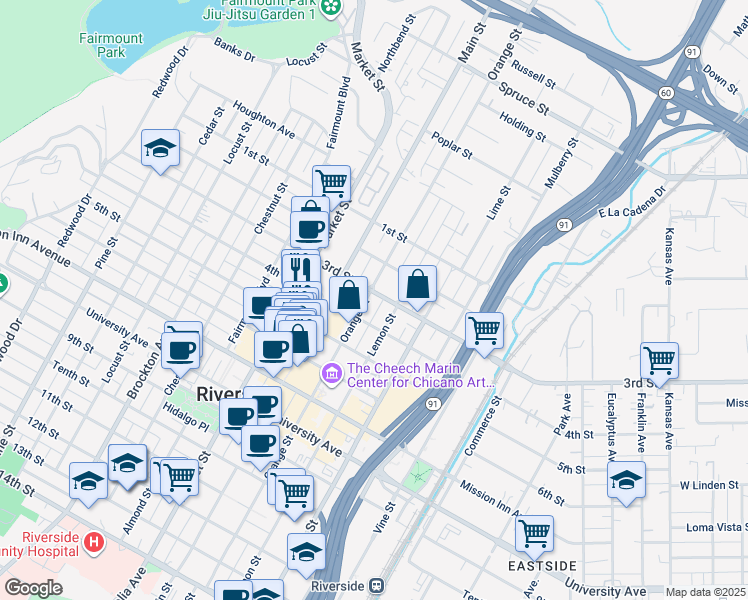 map of restaurants, bars, coffee shops, grocery stores, and more near 3370 Orange Street in Riverside