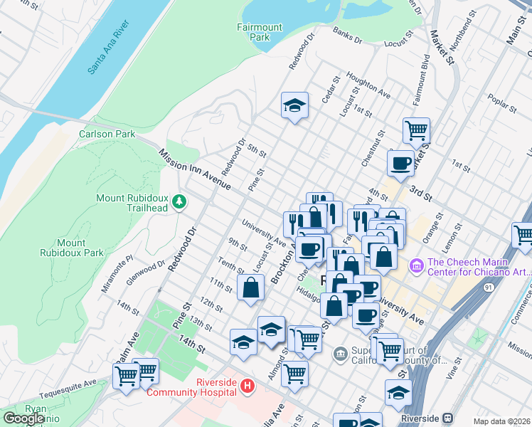 map of restaurants, bars, coffee shops, grocery stores, and more near 3760 Cedar Street in Riverside