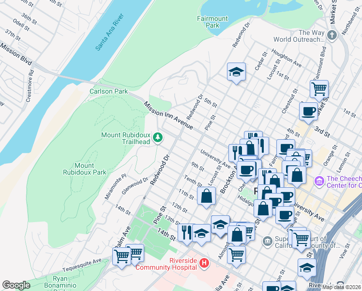 map of restaurants, bars, coffee shops, grocery stores, and more near 4465 9th Street in Riverside