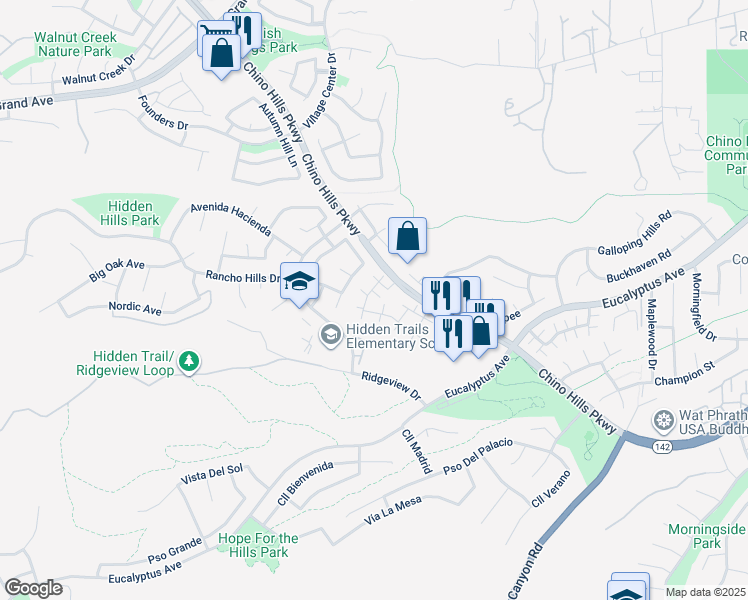 map of restaurants, bars, coffee shops, grocery stores, and more near 2440 Moon Dust Drive in Chino Hills