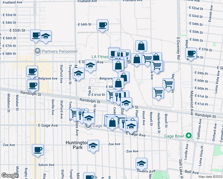 map of restaurants, bars, coffee shops, grocery stores, and more near 6085 State Street in Huntington Park