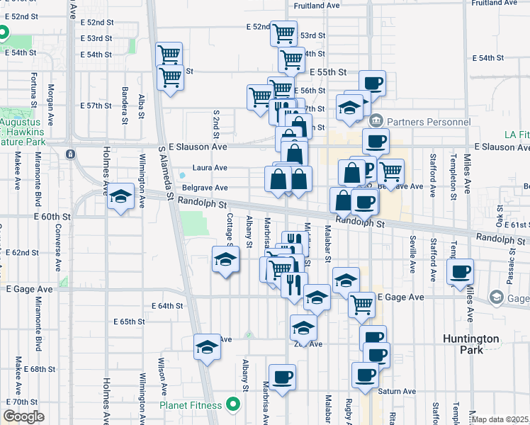 map of restaurants, bars, coffee shops, grocery stores, and more near 6119 Marbrisa Avenue in Huntington Park