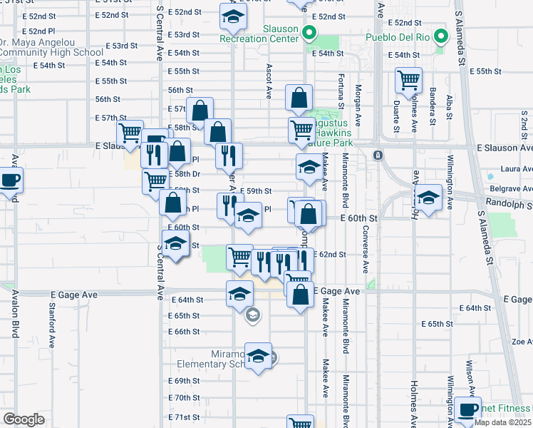 map of restaurants, bars, coffee shops, grocery stores, and more near 1409 East 60th Street in Los Angeles