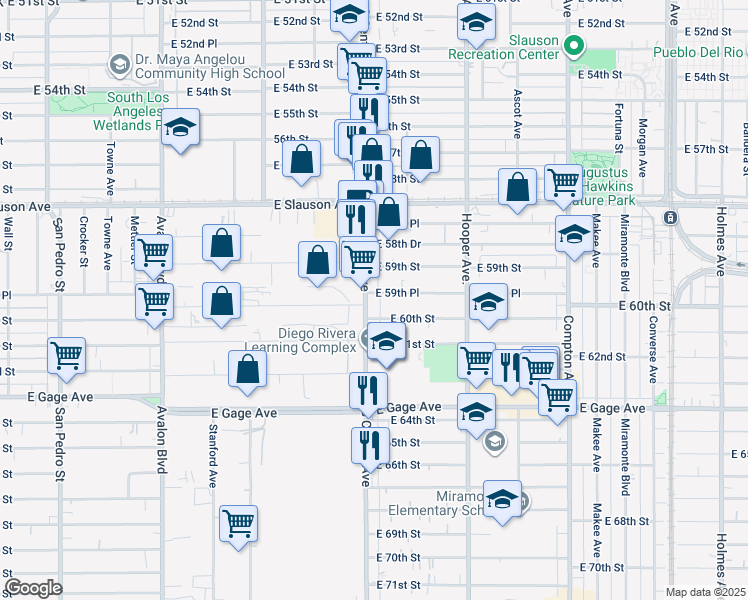 map of restaurants, bars, coffee shops, grocery stores, and more near 1133 East 60th Street in Los Angeles