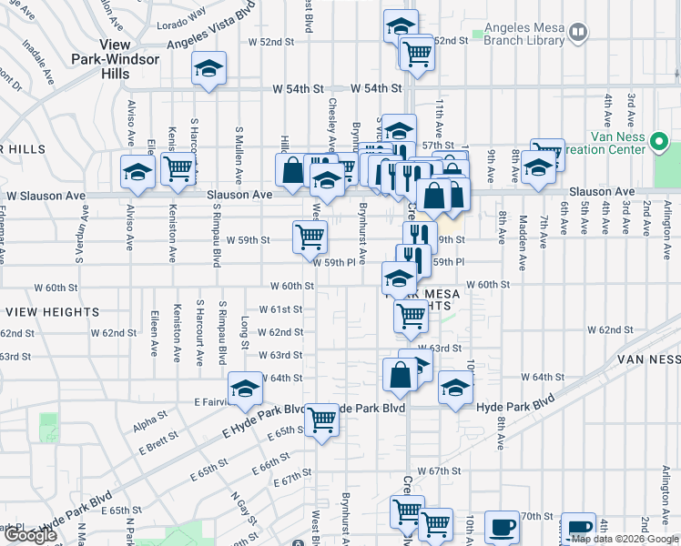 map of restaurants, bars, coffee shops, grocery stores, and more near 3511 West 60th Street in Los Angeles