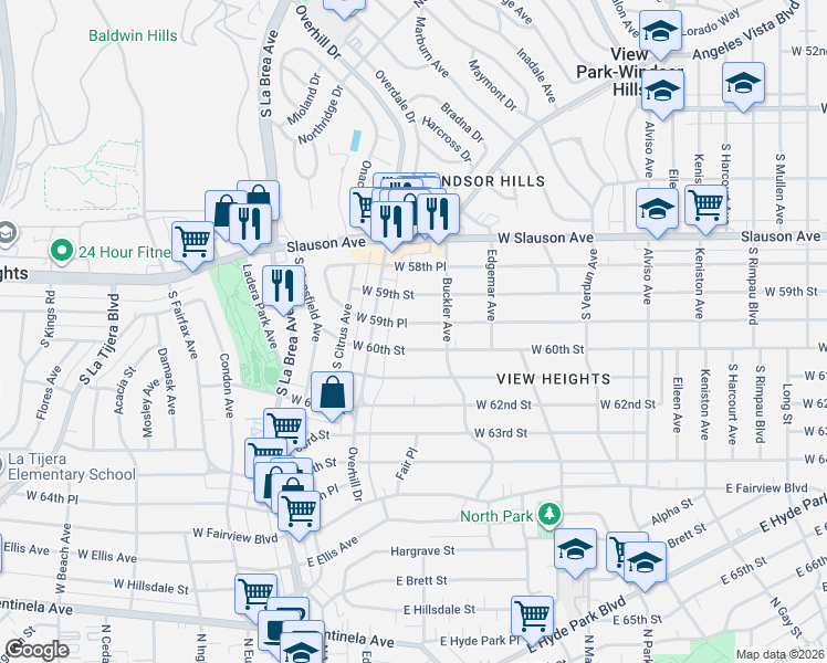 map of restaurants, bars, coffee shops, grocery stores, and more near 4437 West 60th Street in View Park-Windsor Hills