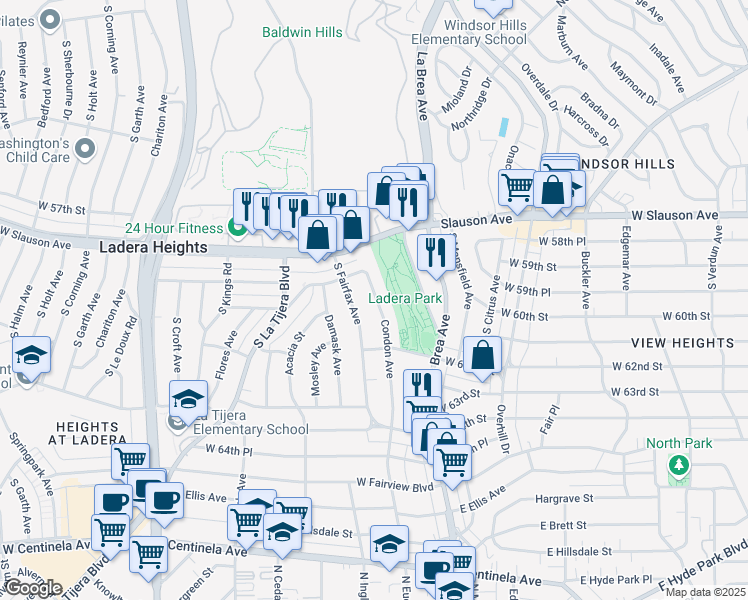 map of restaurants, bars, coffee shops, grocery stores, and more near 6022 Condon Avenue in View Park-Windsor Hills