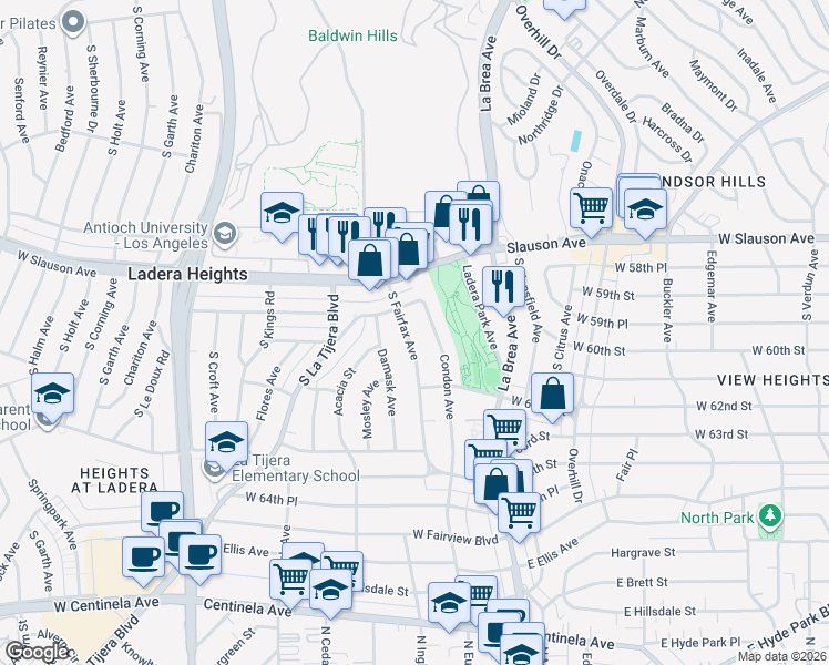 map of restaurants, bars, coffee shops, grocery stores, and more near 6009 South Fairfax Avenue in Los Angeles