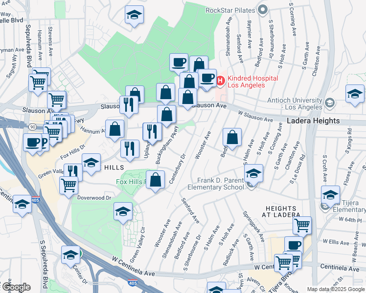 map of restaurants, bars, coffee shops, grocery stores, and more near 5950 Canterbury Drive in Culver City