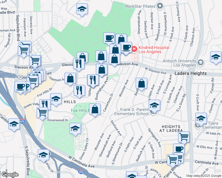map of restaurants, bars, coffee shops, grocery stores, and more near 5950 Canterbury Drive in Culver City
