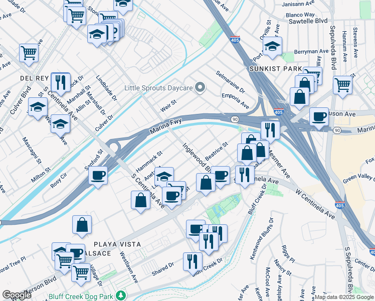 map of restaurants, bars, coffee shops, grocery stores, and more near 12026 Aneta Street in Culver City
