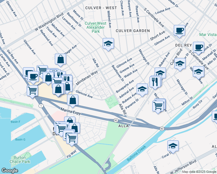 map of restaurants, bars, coffee shops, grocery stores, and more near 4646 Glencoe Avenue in Marina del Rey