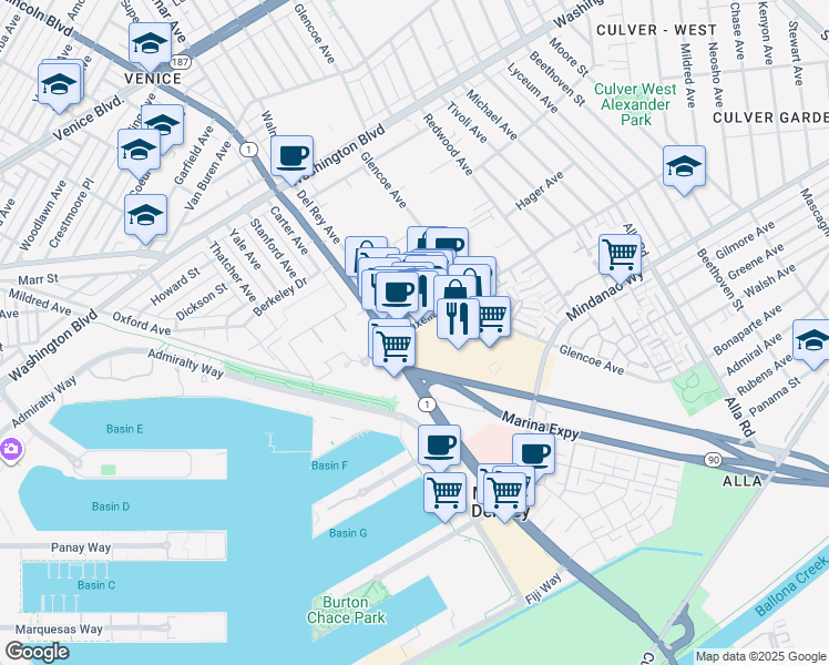 map of restaurants, bars, coffee shops, grocery stores, and more near in Los Angeles