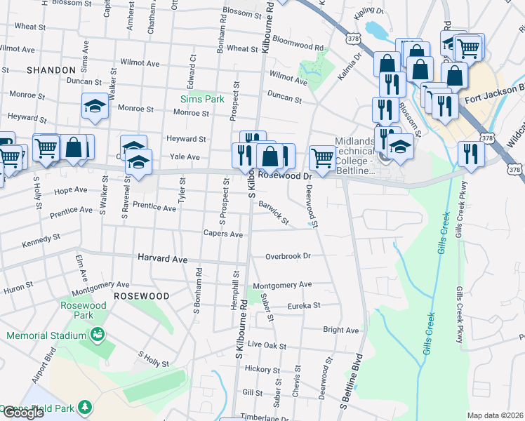 map of restaurants, bars, coffee shops, grocery stores, and more near 3806 Prentice Avenue in Columbia