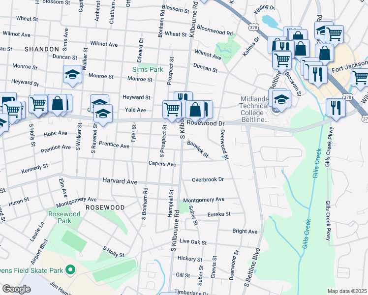 map of restaurants, bars, coffee shops, grocery stores, and more near 3806 Prentice Avenue in Columbia