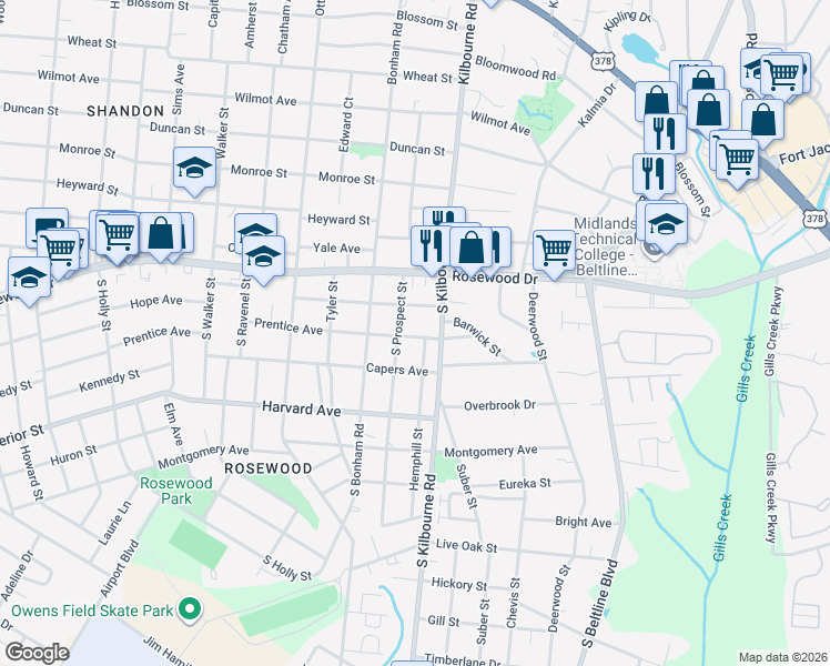 map of restaurants, bars, coffee shops, grocery stores, and more near 403 Hemphill Street in Columbia