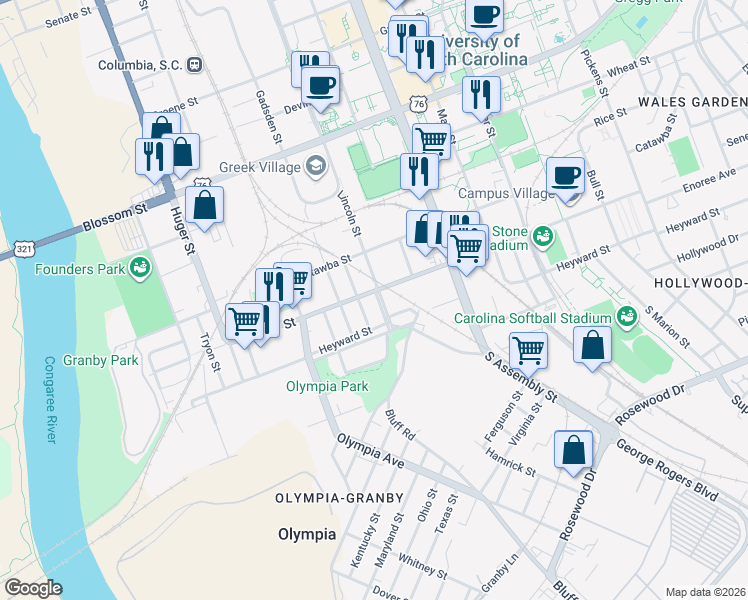 map of restaurants, bars, coffee shops, grocery stores, and more near 108 Mulberry Lane in Columbia