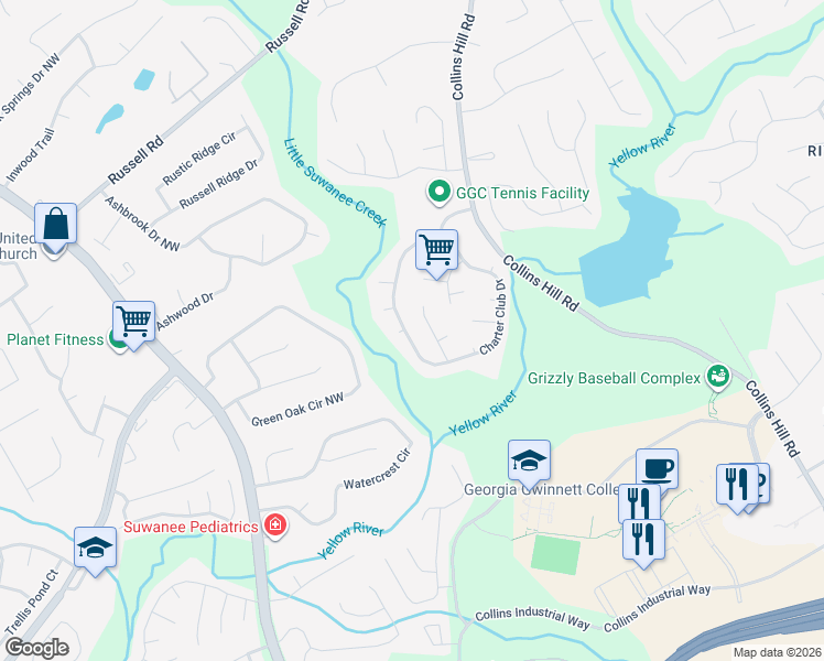 map of restaurants, bars, coffee shops, grocery stores, and more near 1282 Woodland View Road in Lawrenceville