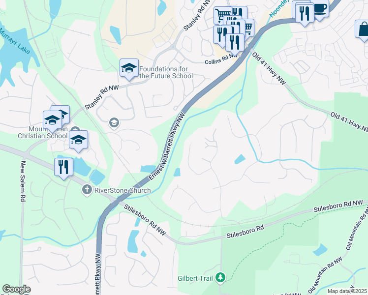 map of restaurants, bars, coffee shops, grocery stores, and more near 1749 Patriots Way Northwest in Kennesaw