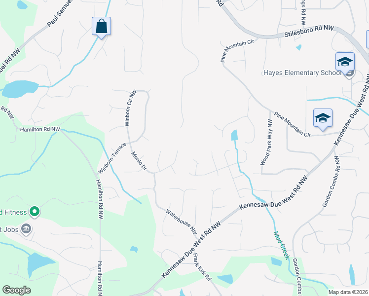 map of restaurants, bars, coffee shops, grocery stores, and more near 1503 Menlo Drive in Kennesaw