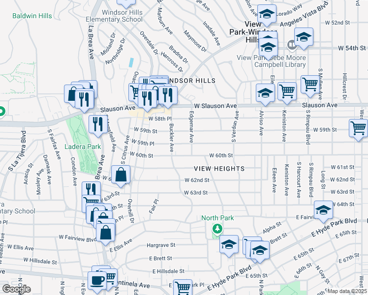 map of restaurants, bars, coffee shops, grocery stores, and more near 4316 West 59th Place in Los Angeles