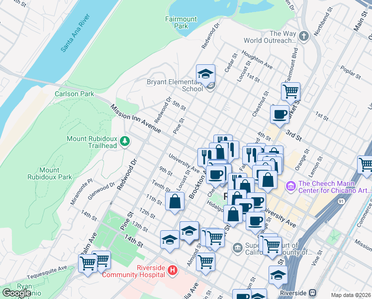 map of restaurants, bars, coffee shops, grocery stores, and more near 3760 Cedar Street in Riverside