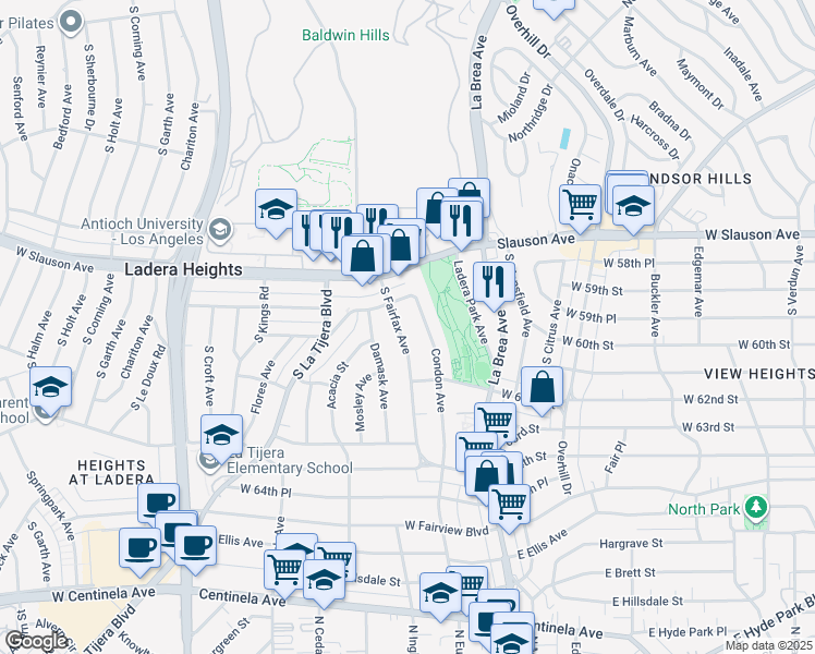 map of restaurants, bars, coffee shops, grocery stores, and more near 6009 South Fairfax Avenue in Los Angeles