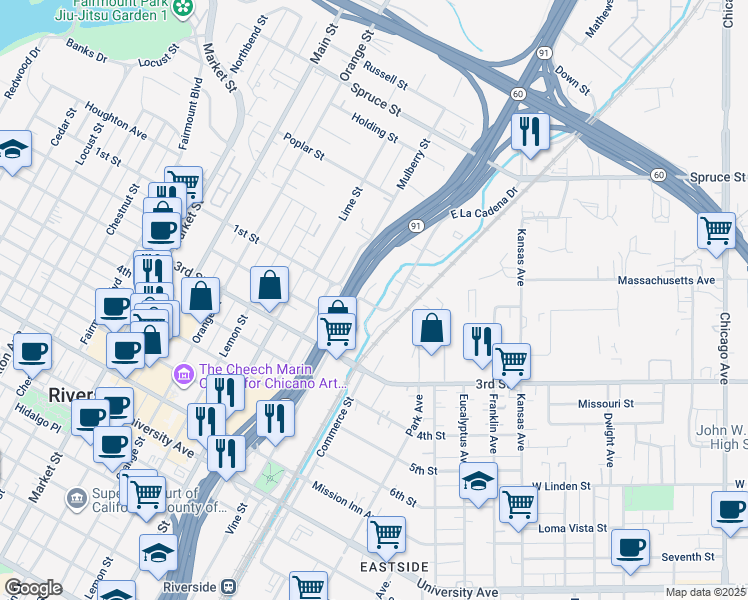 map of restaurants, bars, coffee shops, grocery stores, and more near 3159 1st Street in Riverside