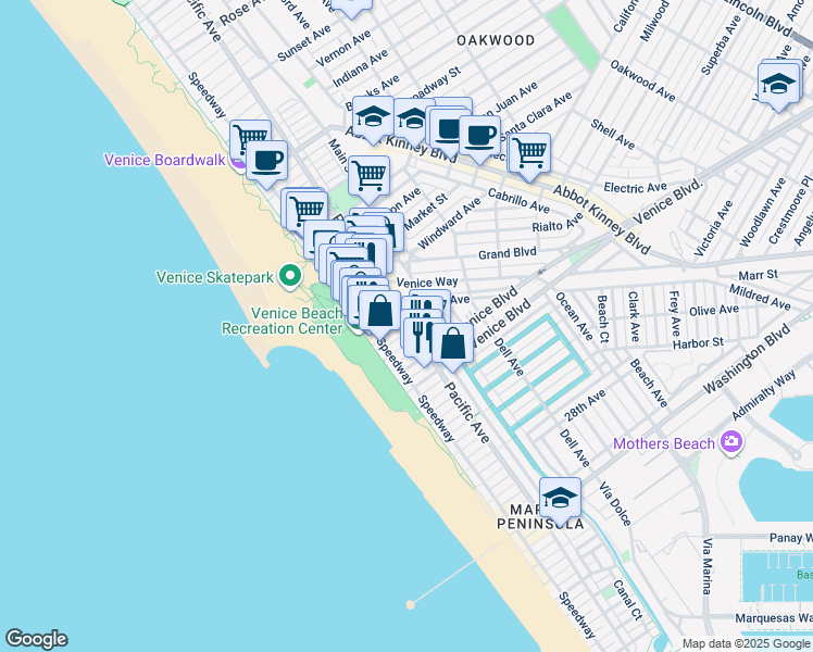 map of restaurants, bars, coffee shops, grocery stores, and more near 20 19th Avenue in Los Angeles
