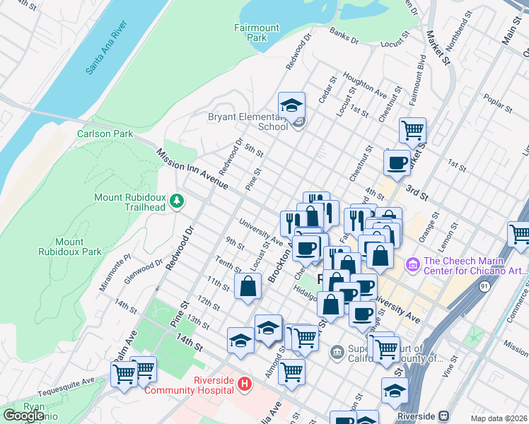 map of restaurants, bars, coffee shops, grocery stores, and more near 3712 Cedar Street in Riverside