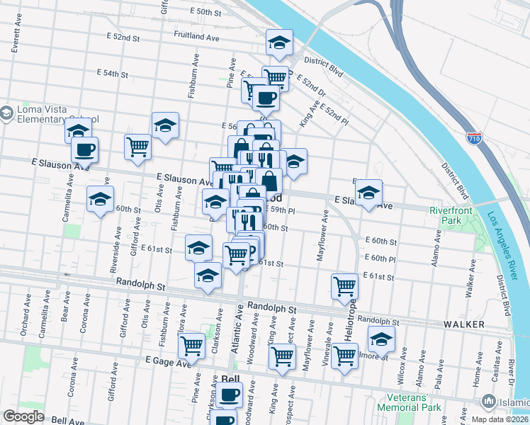 map of restaurants, bars, coffee shops, grocery stores, and more near 4520 East 59th Place in Maywood