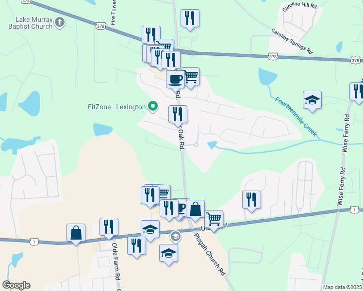 map of restaurants, bars, coffee shops, grocery stores, and more near 227 Charter Oak Road in Lexington