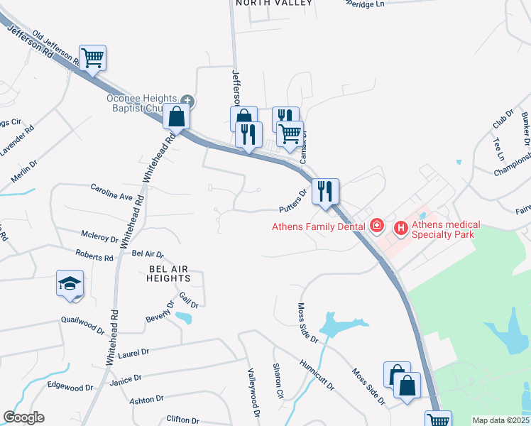map of restaurants, bars, coffee shops, grocery stores, and more near 157 Putters Drive in Athens