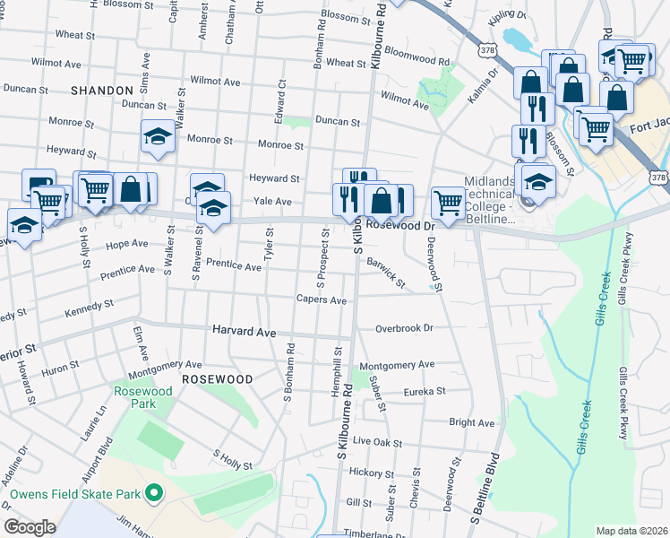 map of restaurants, bars, coffee shops, grocery stores, and more near 403 Hemphill Street in Columbia