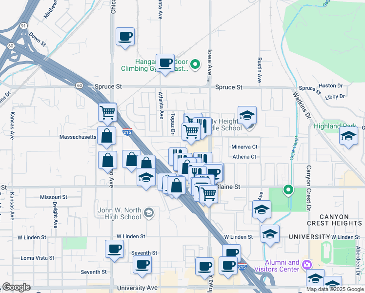 map of restaurants, bars, coffee shops, grocery stores, and more near 1560 Massachusetts Avenue in Riverside