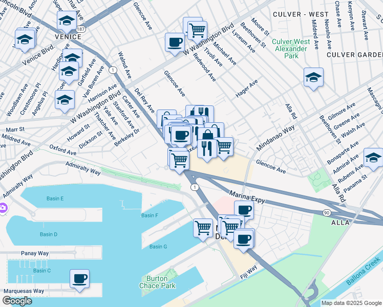 map of restaurants, bars, coffee shops, grocery stores, and more near in Los Angeles