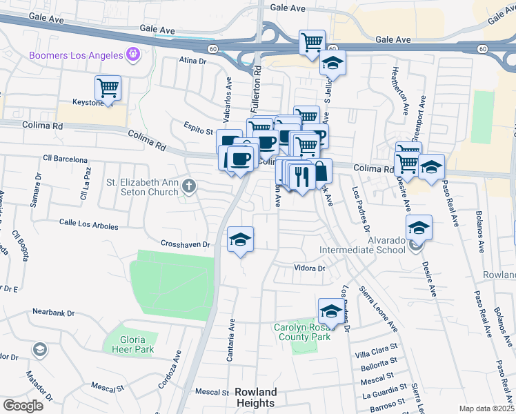 map of restaurants, bars, coffee shops, grocery stores, and more near 1838 Camino Viejo in Rowland Heights