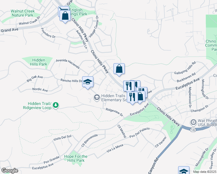 map of restaurants, bars, coffee shops, grocery stores, and more near 14711 Moon Crest Lane in Chino Hills