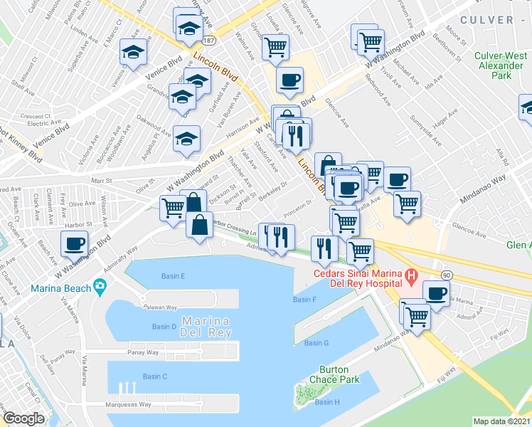 map of restaurants, bars, coffee shops, grocery stores, and more near 3223 Thatcher Ave in Los Angeles