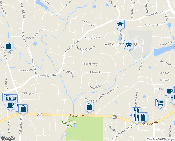 map of restaurants, bars, coffee shops, grocery stores, and more near 3481 Liberty Lane in Marietta