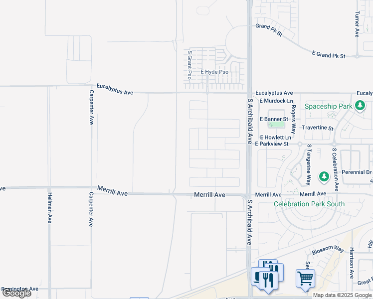 map of restaurants, bars, coffee shops, grocery stores, and more near 4828 South Reese Way in Ontario