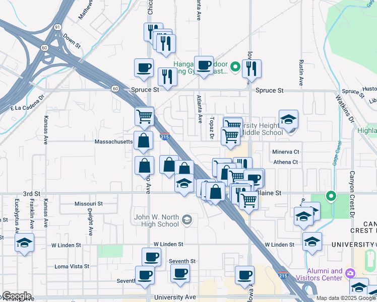 map of restaurants, bars, coffee shops, grocery stores, and more near 2 Round Table Drive in Riverside