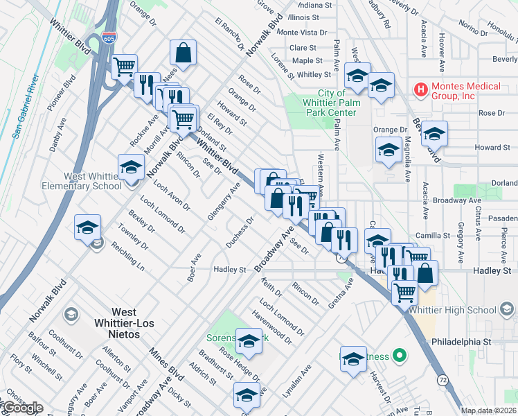 map of restaurants, bars, coffee shops, grocery stores, and more near 11219 See Drive in Whittier