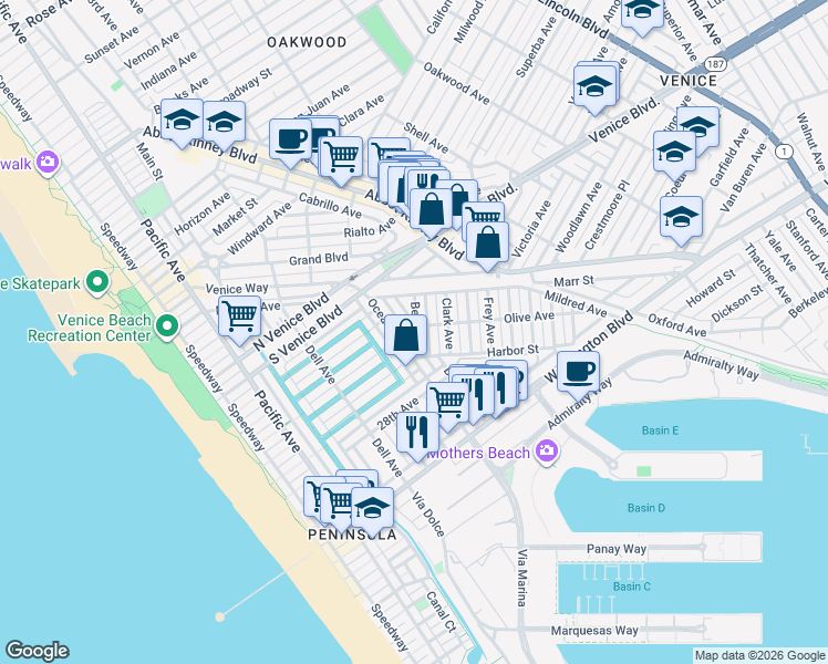 map of restaurants, bars, coffee shops, grocery stores, and more near 2403 Ocean Avenue in Los Angeles