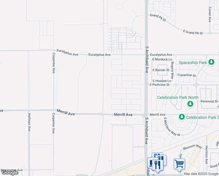 map of restaurants, bars, coffee shops, grocery stores, and more near 4828 South Reese Way in Ontario